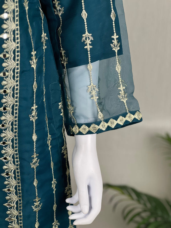 Sajh Dajh Naqsh - Luxury Organza Ready to Wear Mirror Suit in Teal/Zinc