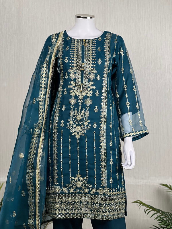 Sajh Dajh Naqsh - Luxury Organza Ready to Wear Mirror Suit in Teal/Zinc