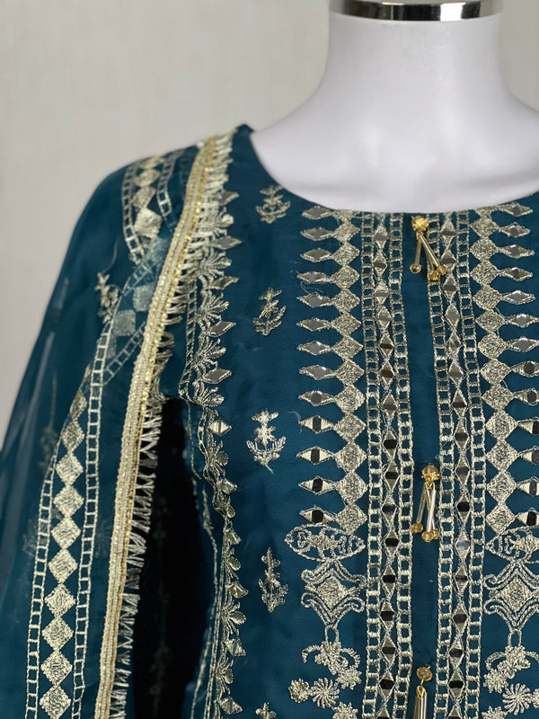 Sajh Dajh Naqsh - Luxury Organza Ready to Wear Mirror Suit in Teal/Zinc