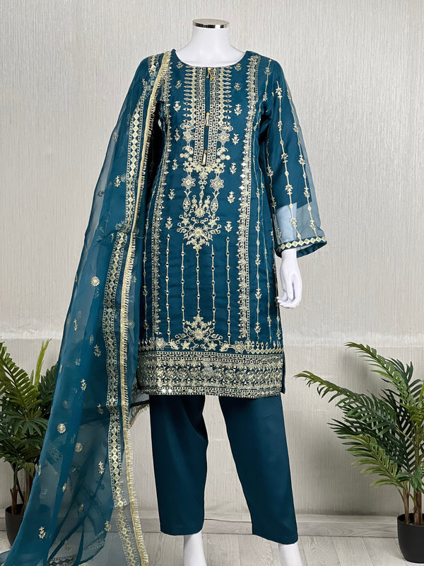 Sajh Dajh Naqsh - Luxury Organza Ready to Wear Mirror Suit in Teal/Zinc