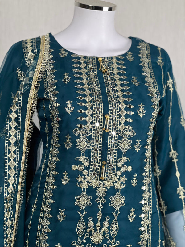 Sajh Dajh Naqsh - Luxury Organza Ready to Wear Mirror Suit in Teal/Zinc