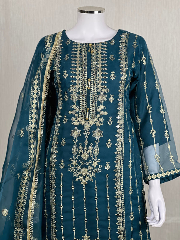 Sajh Dajh Naqsh - Luxury Organza Ready to Wear Mirror Suit in Teal/Zinc