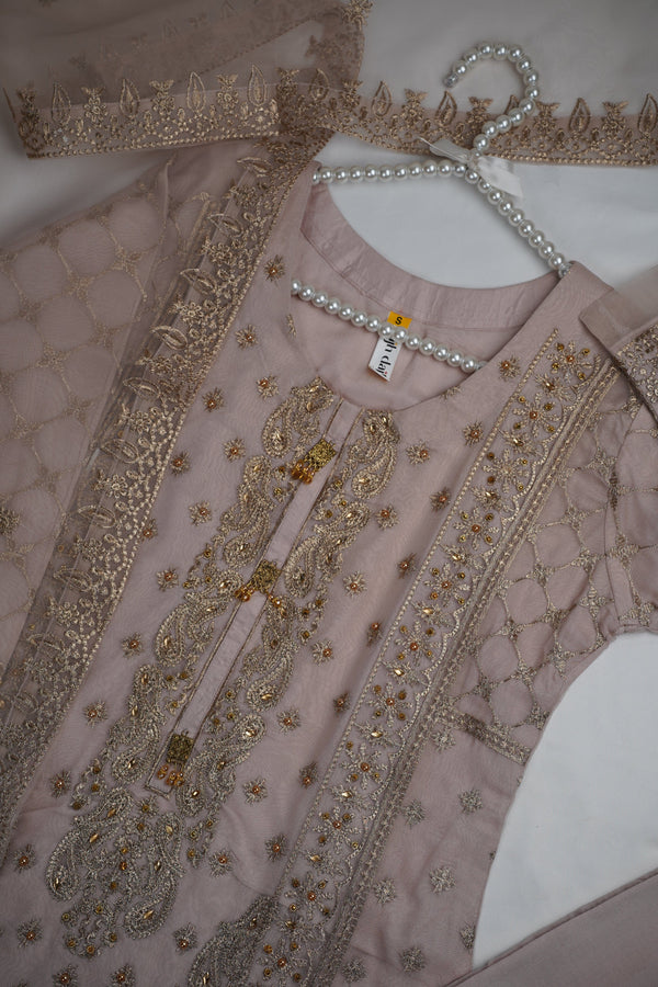 Sajh Dajh Parishy - Organza Embroidered and Handwork Suit - Ready to Wear - Minor Stained