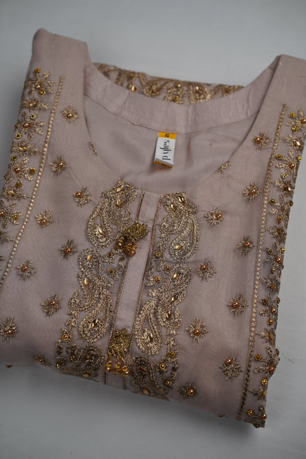 Sajh Dajh Parishy - Organza Embroidered and Handwork Suit - Ready to Wear - Minor Stained