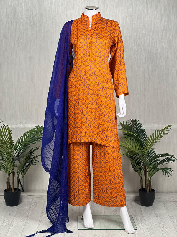 Sajh Dajh Ronak e Eid - Ready to Wear - Linen Suit with Palazzo bottom amd Chiffon Dupatta