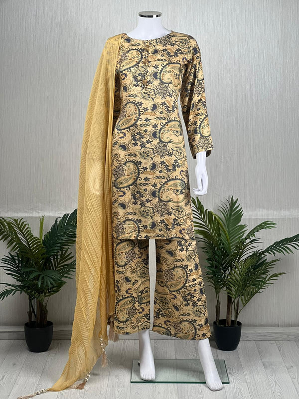 Sajh Dajh Ronak e Eid - Ready to Wear - Linen Suit with Plazzo bottom amd Chiffon Dupatta