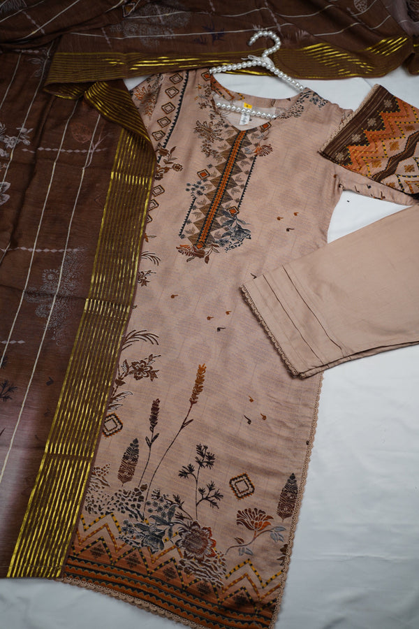 Sajh Dajh Rozana V2 - Linen Printed Suit with Linen Dupatta and Trouser - Winter Collection