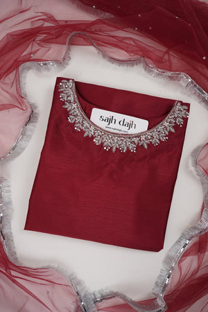 Sajh Dajh Rozi - Luxury Raw Silk Hand Embroidered Outfit with Net Dupatta