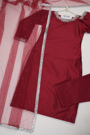 Sajh Dajh Rozi - Luxury Raw Silk Hand Embroidered Outfit with Net Dupatta