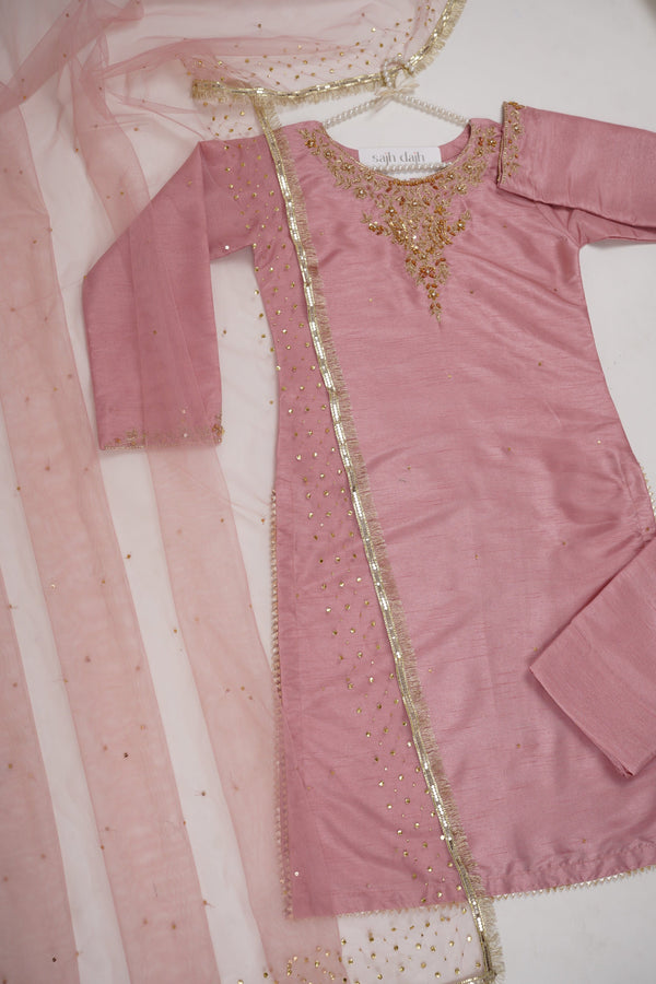 Sajh Dajh Rozi - Luxury Raw Silk Hand Embroidered Outfit with Net Dupatta - V2