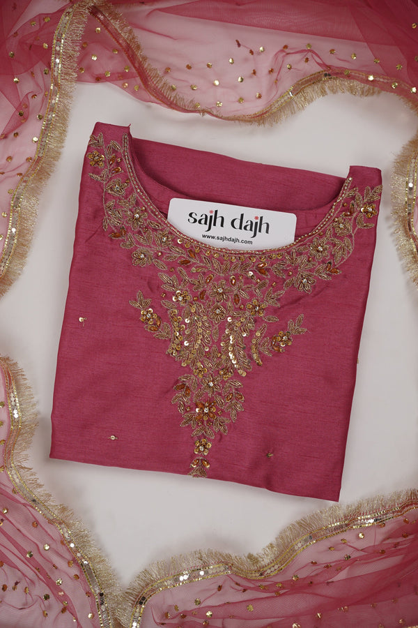 Sajh Dajh Rozi - Luxury Raw Silk Hand Embroidered Outfit with Net Dupatta - V2