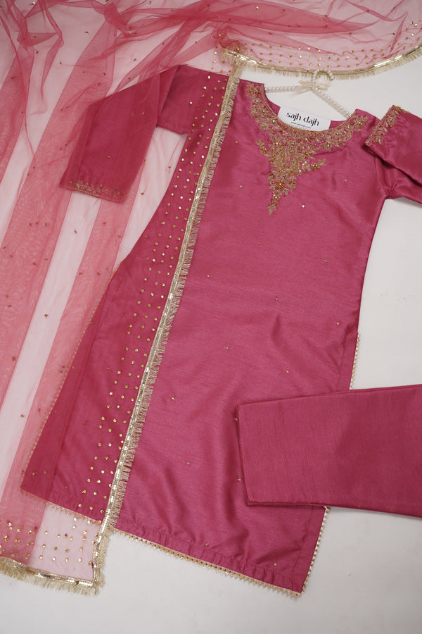 Sajh Dajh Rozi - Luxury Raw Silk Hand Embroidered Outfit with Net Dupatta - V2