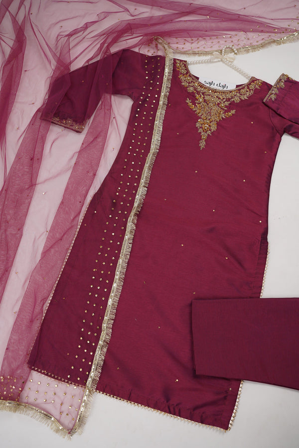 Sajh Dajh Rozi - Red Wine - Luxury Raw Silk Hand Embroidered Outfit with Net Dupatta - V2