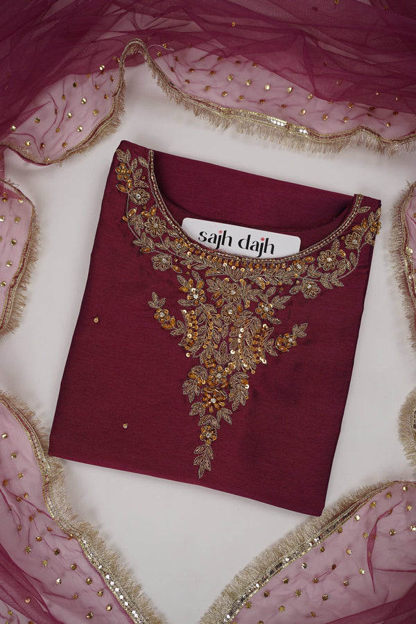 Sajh Dajh Rozi - Red Wine - Luxury Raw Silk Hand Embroidered Outfit with Net Dupatta - V2