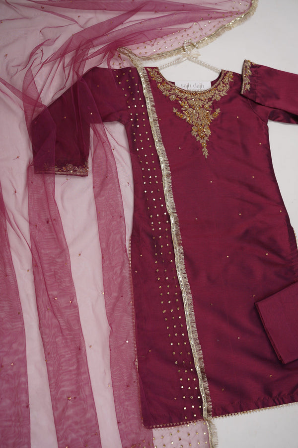 Sajh Dajh Rozi - Red Wine - Luxury Raw Silk Hand Embroidered Outfit with Net Dupatta - V2