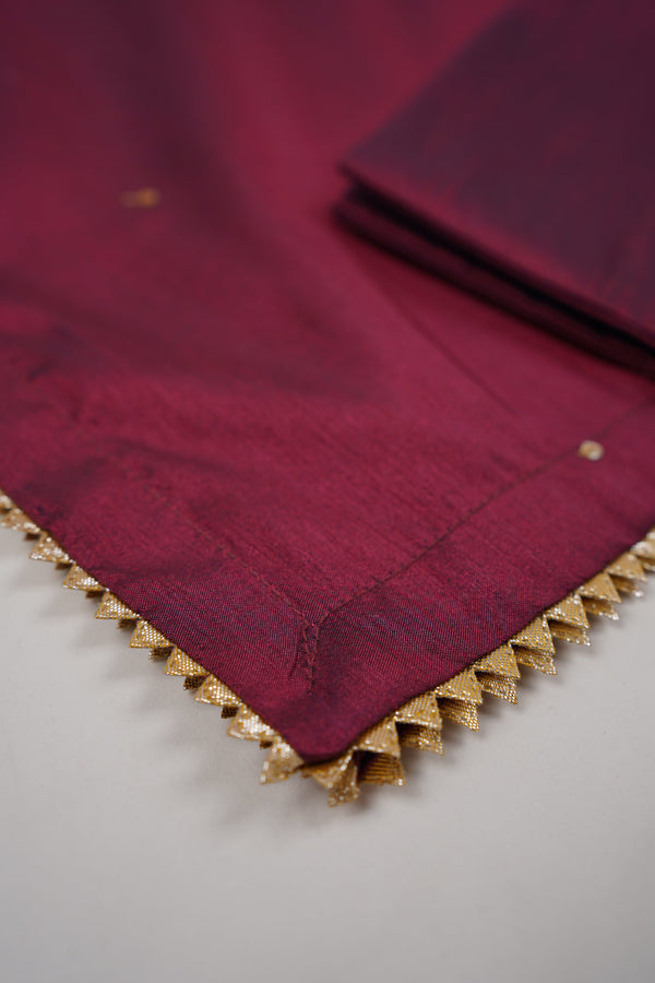 Sajh Dajh Rozi - Red Wine - Luxury Raw Silk Hand Embroidered Outfit with Net Dupatta - V2