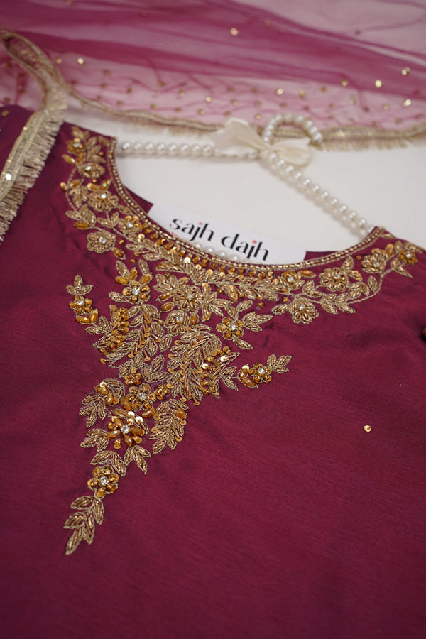 Sajh Dajh Rozi - Red Wine - Luxury Raw Silk Hand Embroidered Outfit with Net Dupatta - V2