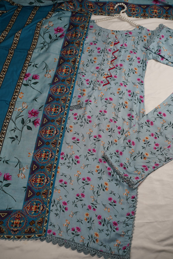 Sajh Dajh Rozi - Slub Linen Printed Suit with Shawl - Warm Fabric - Winter Collection