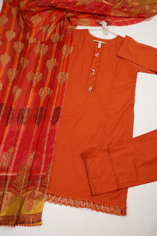 Sajh Dajh Rozi -  Solid Cotton Outfit with Fancy Dupatta - Ready to Wear