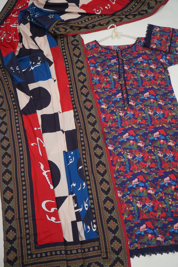 Sajh Dajh Sher o Shayeri - Linen Printed Suit with Shawl