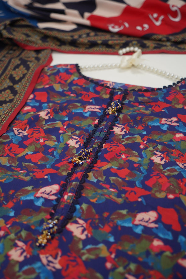 Sajh Dajh Sher o Shayeri - Linen Printed Suit with Shawl