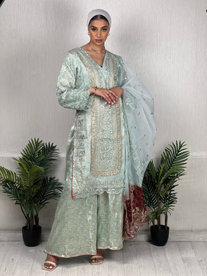Sajh Dajh Tehwar - Luxury Organza Ready to Wear Full Suit with Sharara