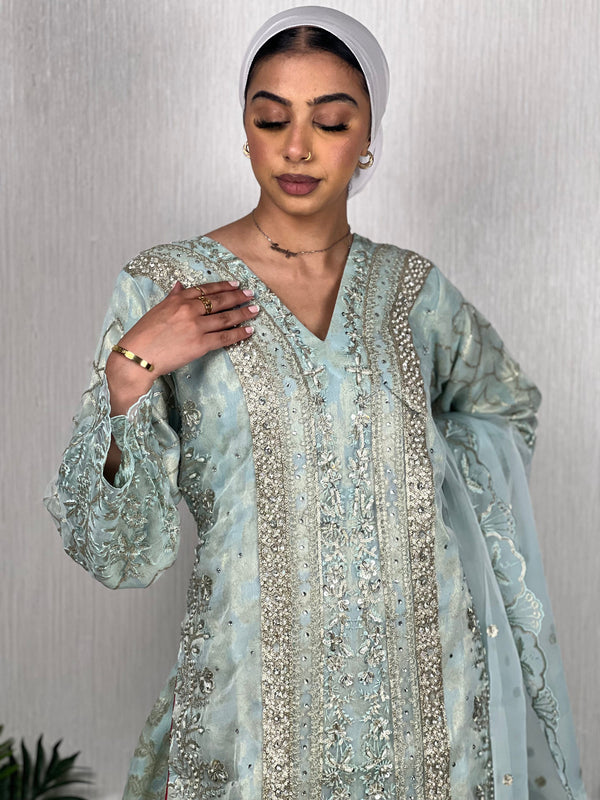 Sajh Dajh Tehwar - Luxury Organza Ready to Wear Full Suit with Sharara