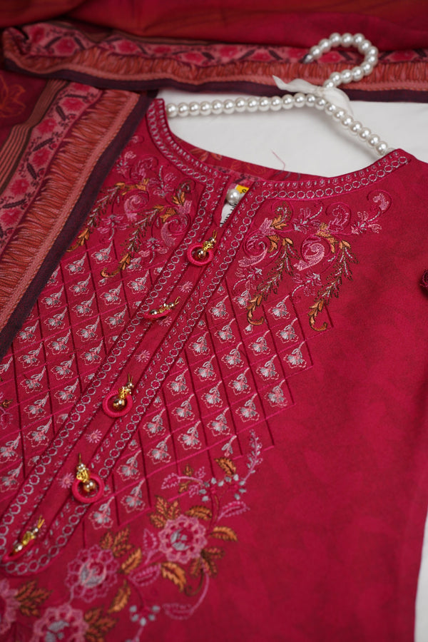 Sajh Dajh Unsticthed - Dhanak Embroidered Suit with Shawl - Warm Fabric - Winter Collection