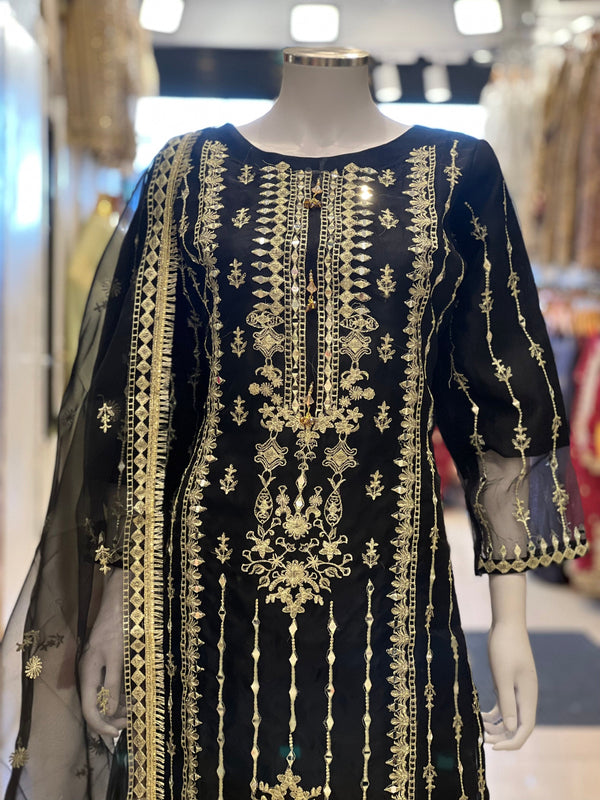 Shagun Boutique Naqsh - Black Luxury Organza Ready to Wear Mirror Suit