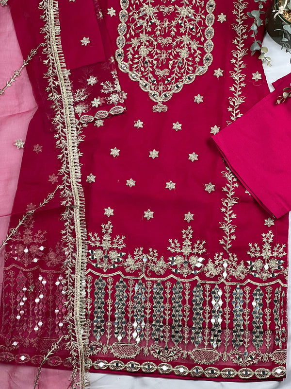 Shagun Boutique Naqsh - Luxury Organza Ready to Wear Mirror Suit in Hot Pink