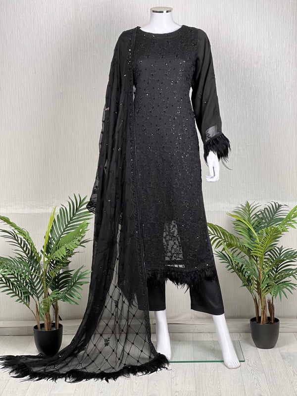 Husan e Jahan - Luxury Chiffon Suit with Chiffon Dupatta in Black - Ready to Wear