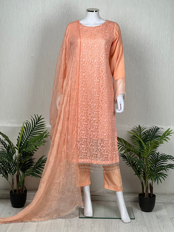 Husan e Jahan - Luxury Chiffon Suit with Chiffon Dupatta in Peach - Ready to Wear
