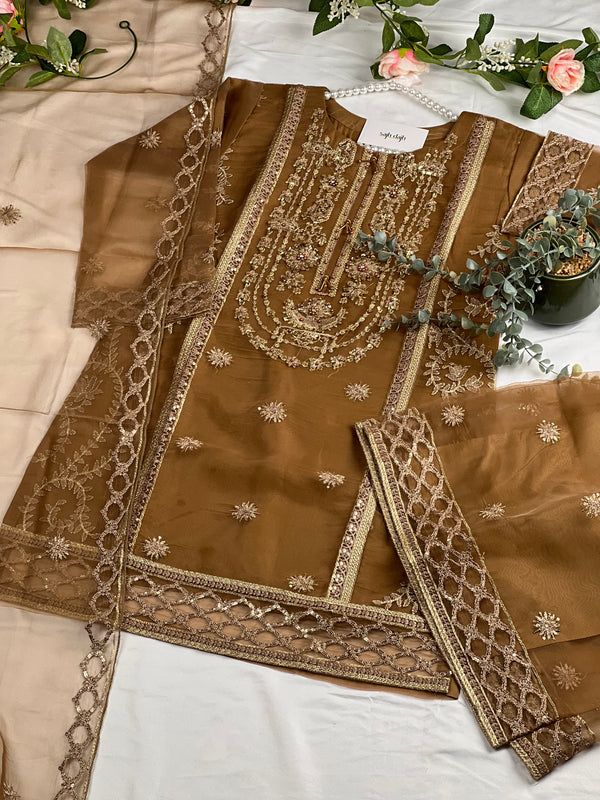 Rani - Luxury Organza Ready to Wear Gharara Suit in Brown