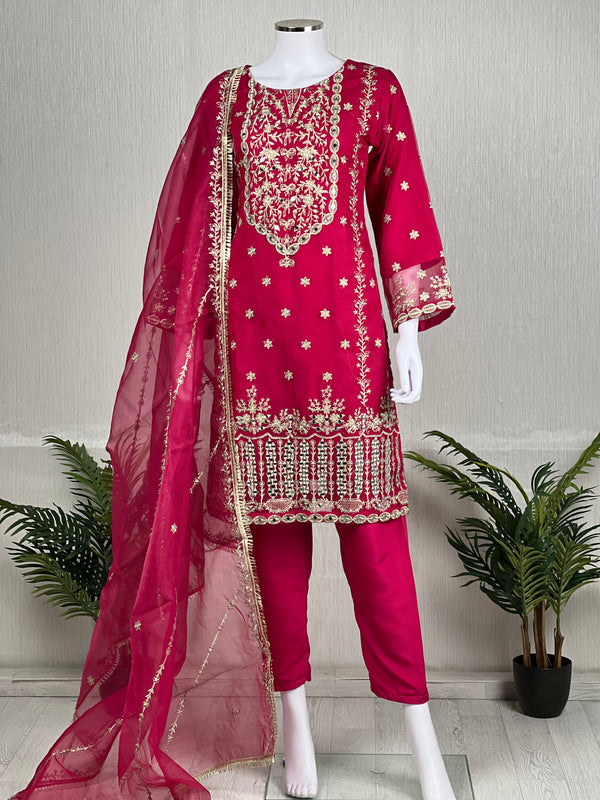 Naqsh - Luxury Organza Ready to Wear Mirror Suit in Hot Pink