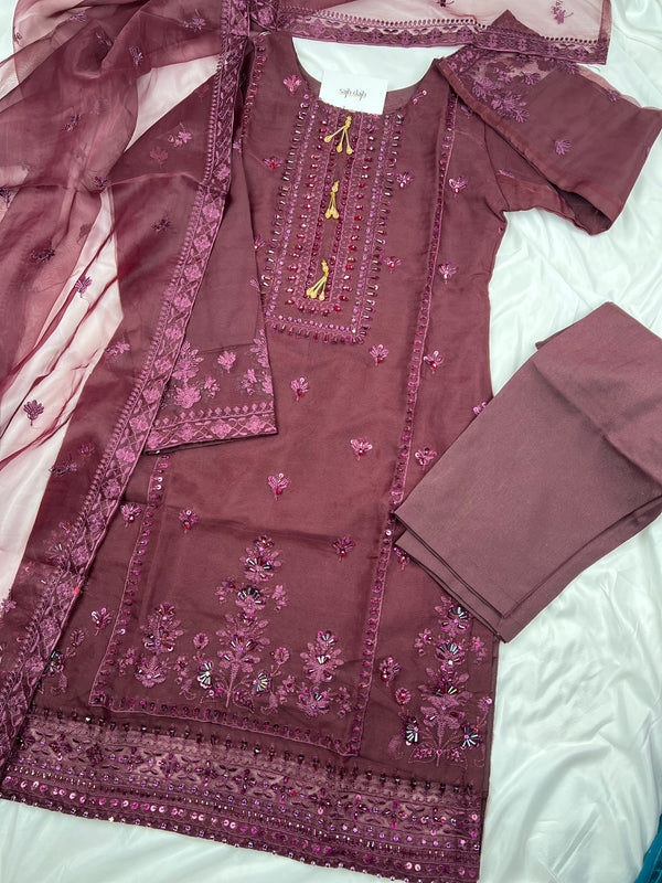 Luxe - Luxury Organza Ready to Wear Suit in Burgundy - Pakistani Designer Suit