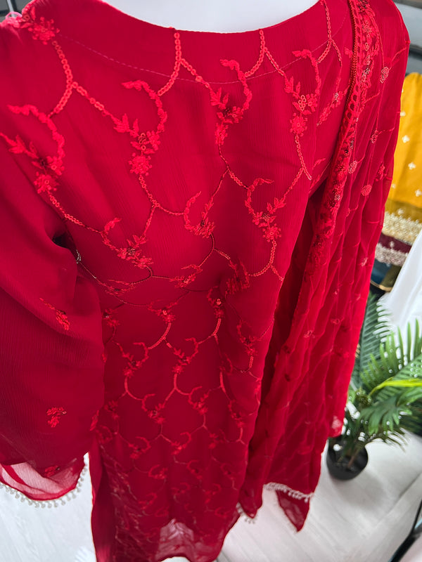 Husan e Jahan - Luxury Chiffon Suit with Chiffon Dupatta in Red - Ready to Wear