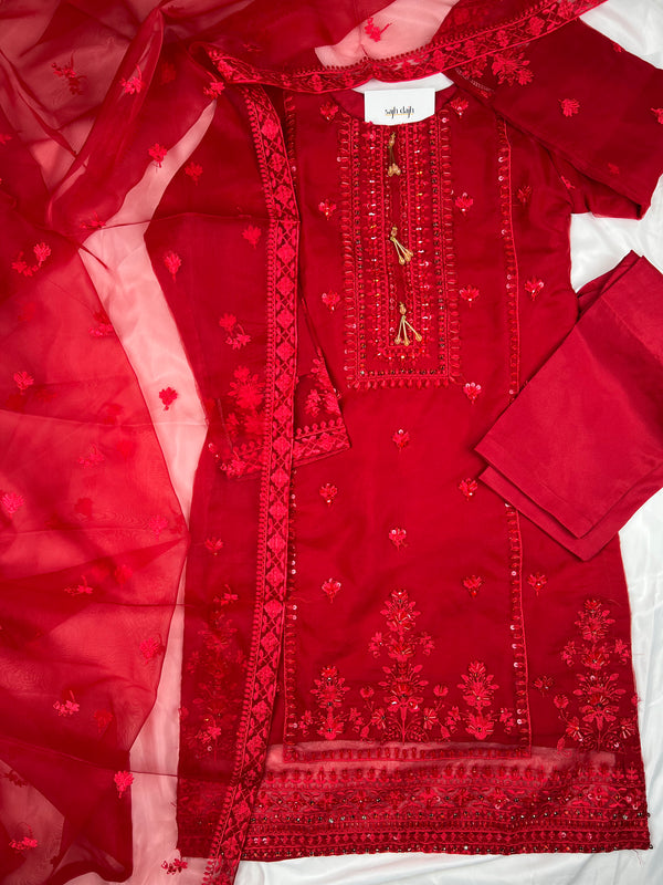Luxe - Luxury Organza Ready to Wear Suit in RED - Pakistani Designer Suit
