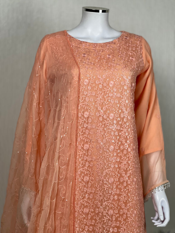 Husan e Jahan - Luxury Chiffon Suit with Chiffon Dupatta in Peach - Ready to Wear