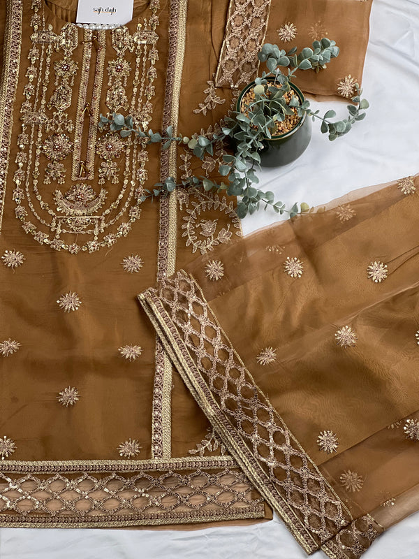Rani - Luxury Organza Ready to Wear Gharara Suit in Brown