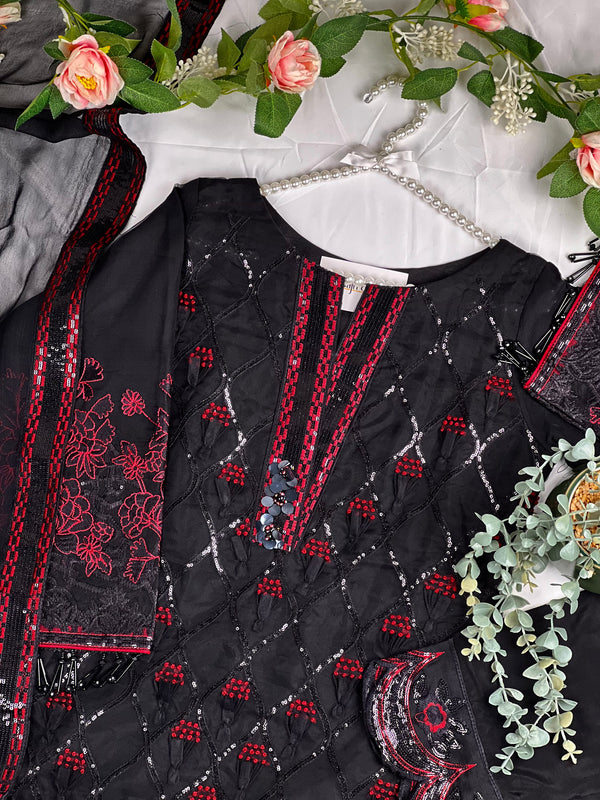 Eid 2023 - Luxury Organza Ready to Wear Full Suit in Black and Red