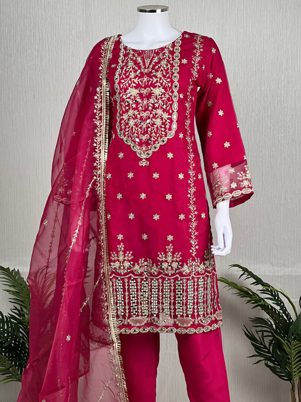 Sajh Dajh Naqsh - Luxury Organza Ready to Wear Mirror Suit in Hot Pink