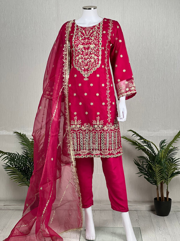 Sajh Dajh Naqsh - Luxury Organza Ready to Wear Mirror Suit in Hot Pink