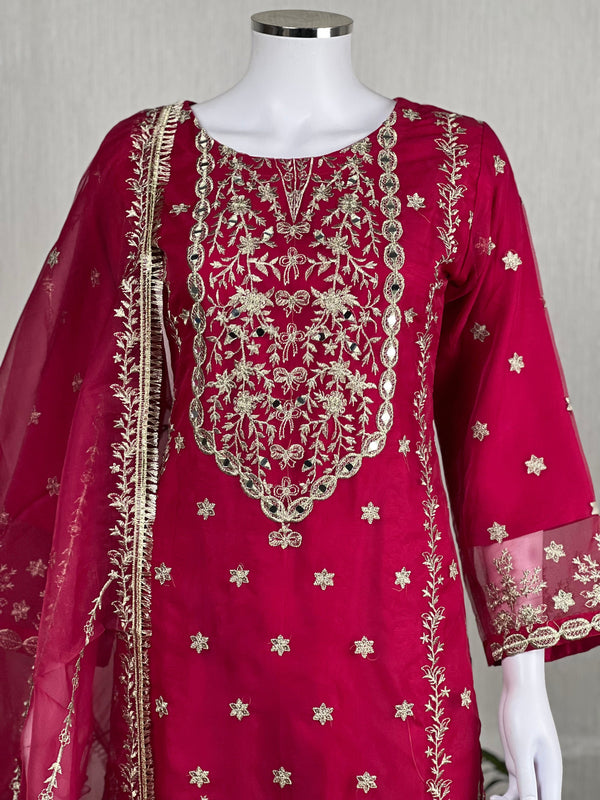 Sajh Dajh Naqsh - Luxury Organza Ready to Wear Mirror Suit in Hot Pink