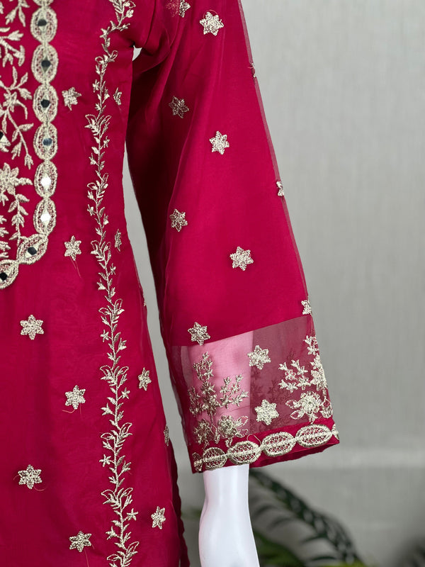 Sajh Dajh Naqsh - Luxury Organza Ready to Wear Mirror Suit in Hot Pink