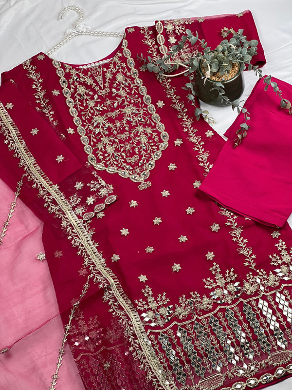 Sajh Dajh Naqsh - Luxury Organza Ready to Wear Mirror Suit in Hot Pink