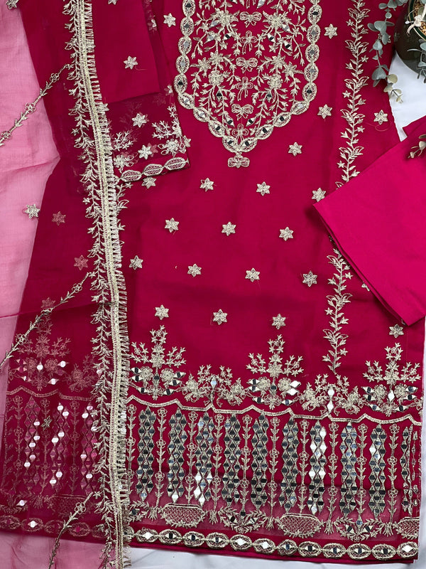 Sajh Dajh Naqsh - Luxury Organza Ready to Wear Mirror Suit in Hot Pink