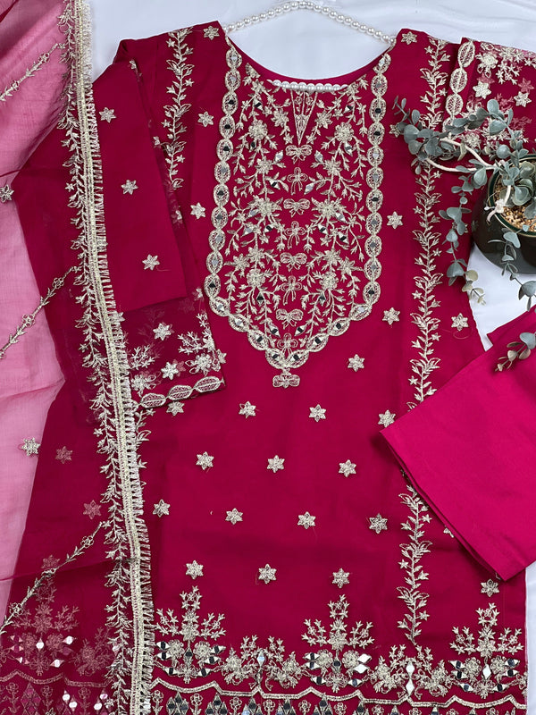 Sajh Dajh Naqsh - Luxury Organza Ready to Wear Mirror Suit in Hot Pink