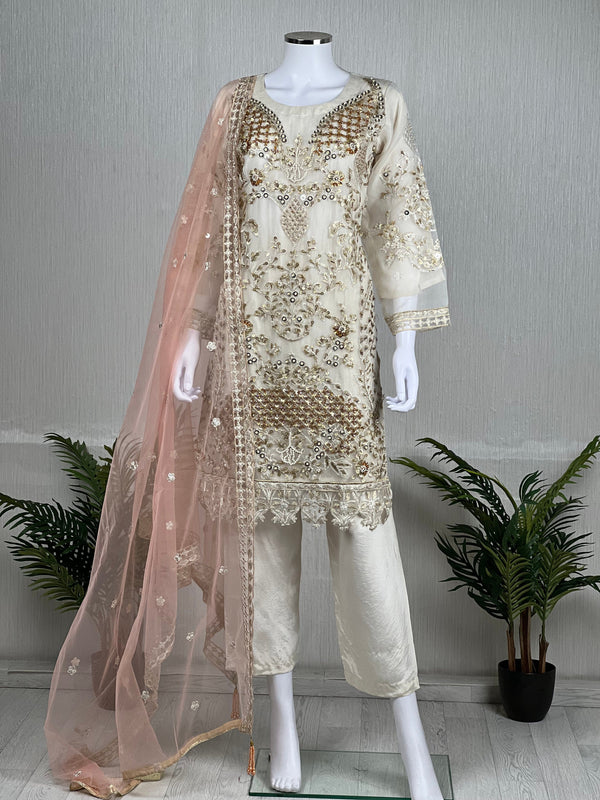 Sajh Dajh Premium Designer Suits - The Luxury Eid Wear in Off White- D7