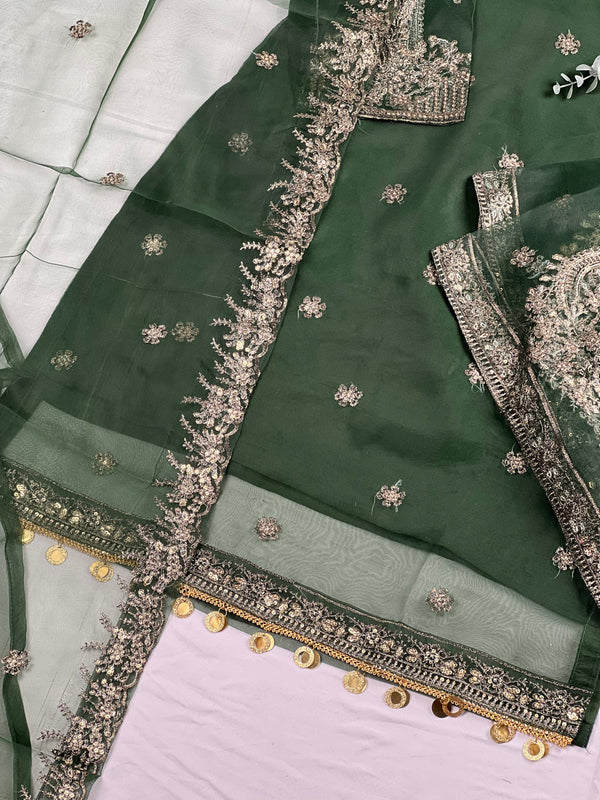 Sajh Dajh Rani - Luxury Organza Ready to Wear Gharara Suit in Dark Green - D6