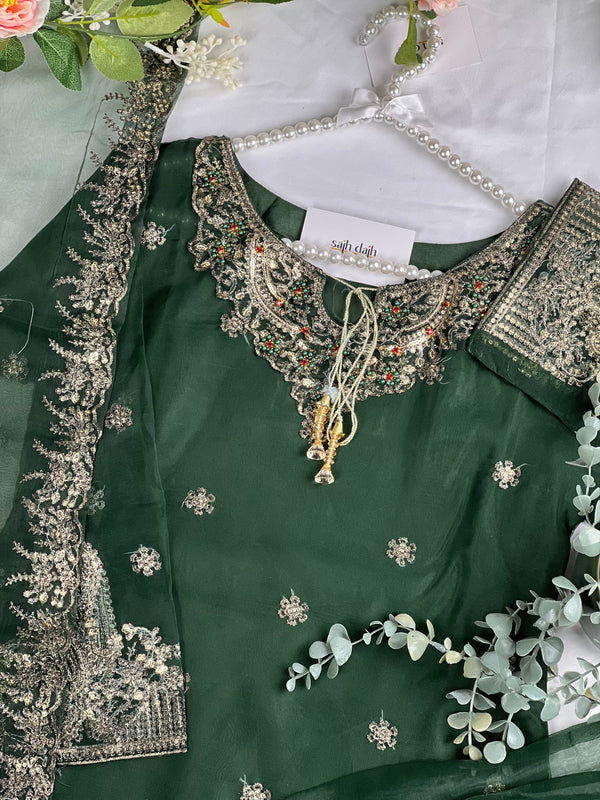 Sajh Dajh Rani - Luxury Organza Ready to Wear Gharara Suit in Dark Green - D6